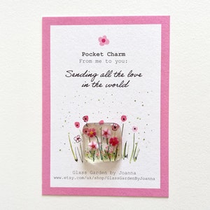 Sending all the love in the world - fused  Glass Pocket Hug Charm: Pink Flower Meadow Keepsake