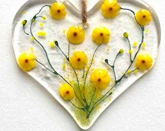 Yellow sunflowers fused glass flower heart