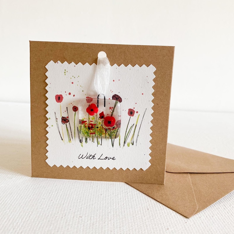 send a note correspondence cards Greetings cards with fused glass flower hanger with love With Love