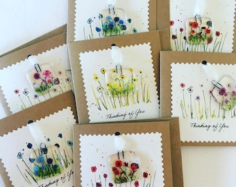 Thinking of You card - fused glass flower meadow keepsake