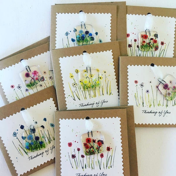 Thinking of You card - fused glass flower meadow keepsake