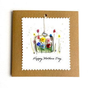 Mother’s Day greetings card - fused glass poppies pinks or multi coloured flowers - keepsake -