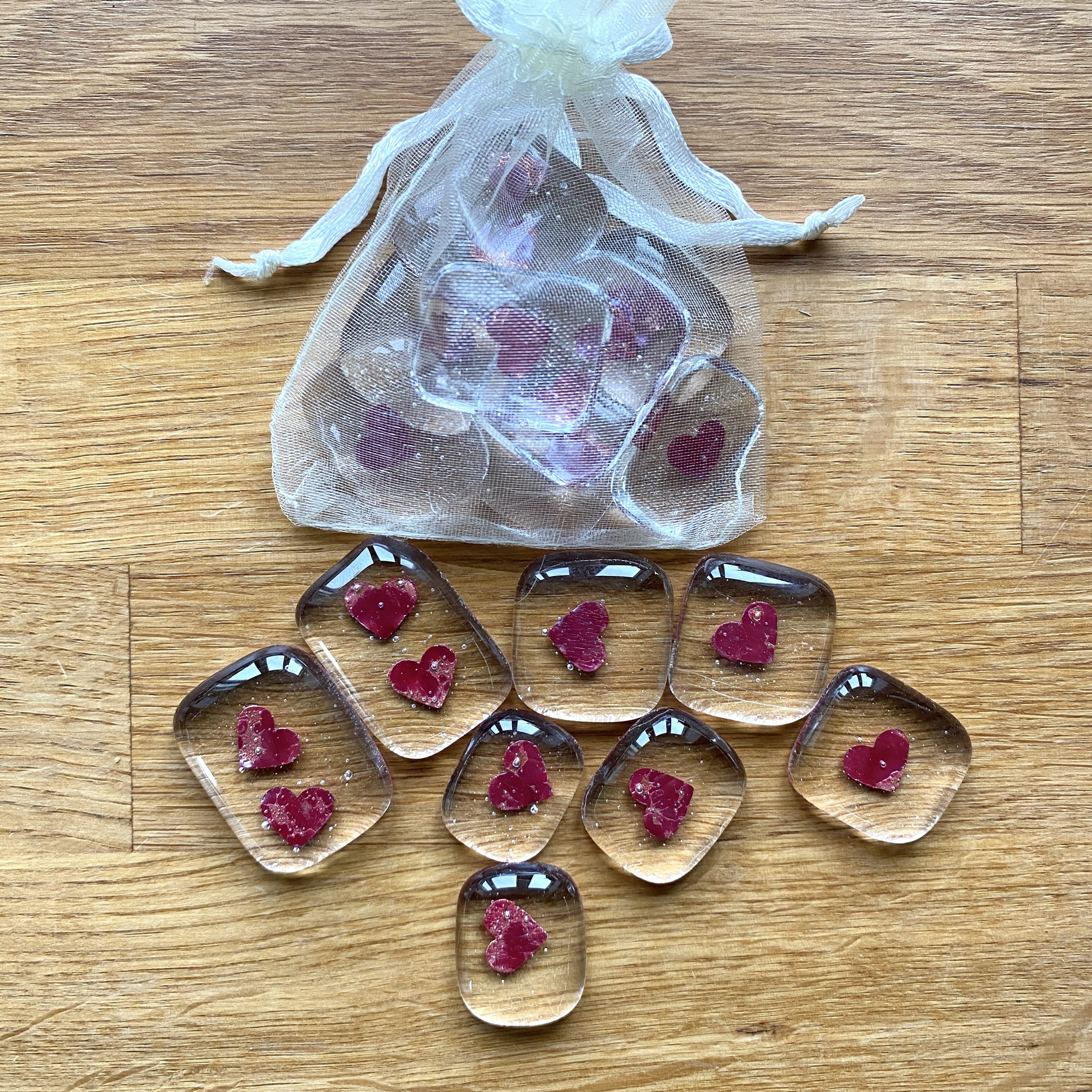 Hearts -  x8 mini Heart glass favours - valentines hearts - copper fused glass hearts - pocket heart - heart decoration - glass love heart