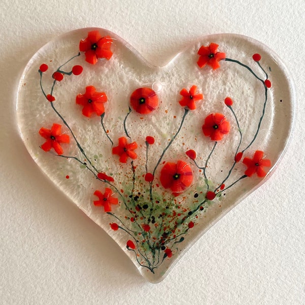 Poppy heart made from fused glass - poppy heart hanger - heart suncatcher