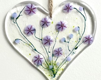 Lilac verbena fused glass heart - fused glass flower heart - flower meadow - hanging heart decoration - gift for mum - countryside art