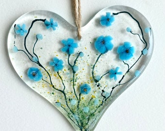 Forget me not heart - fused glass flower heart - flower meadow - hanging heart decoration - gift for mum - countryside art