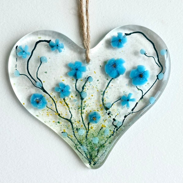 Forget me not heart - fused glass flower heart - flower meadow - hanging heart decoration - gift for mum - countryside art