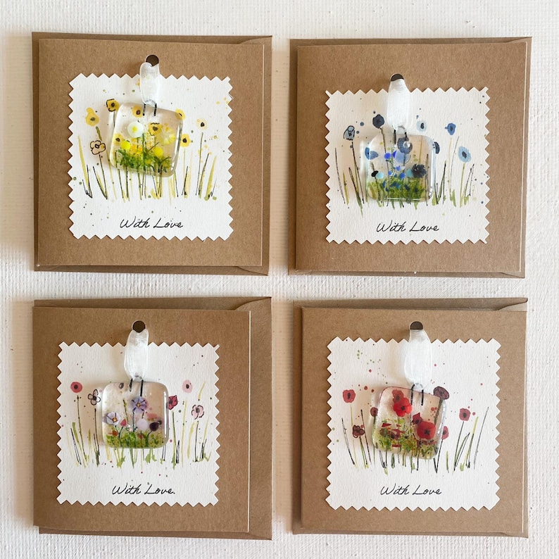 send a note correspondence cards Greetings cards with fused glass flower hanger with love With Love
