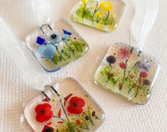 X2 flower hanger of fused glass - flower meadow hangers - red - blue - yellow -pink