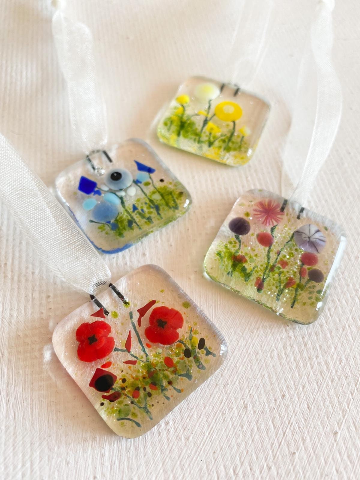X2 Fused glass flower meadow hangers - red - blue - yellow -pink