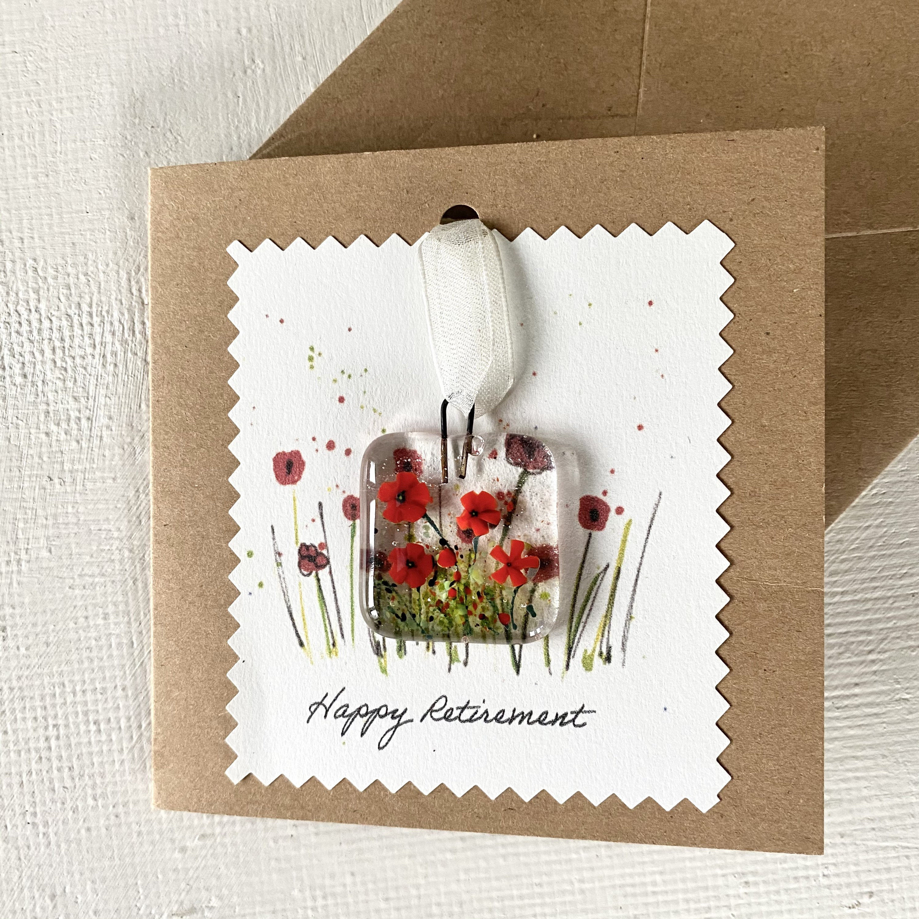 Buy Happy Retirement Greetings Card With Fused Glass Poppy Hanger 
