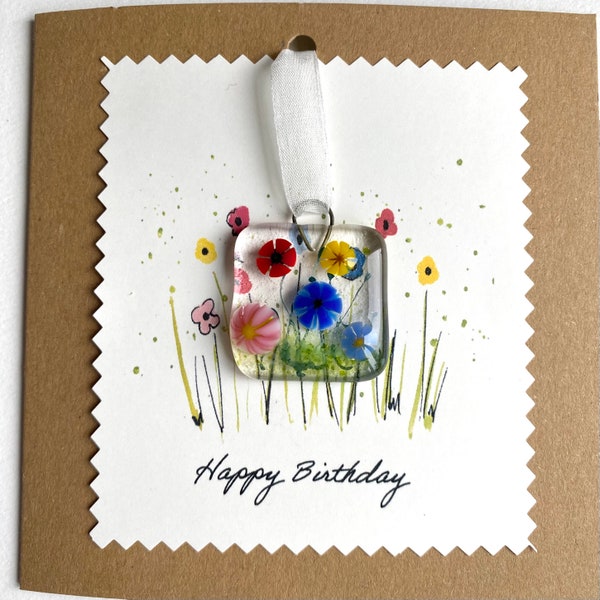 Birthday card & gift -garden flowers-with fused glass flower meadow keepsake.- gift present