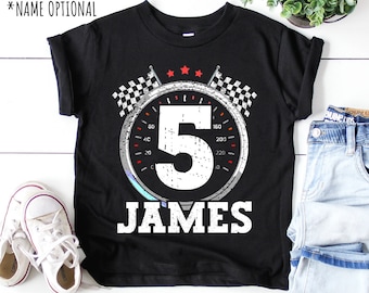 Race Car 5th Birthday Boy T-Shirt, Fifth Birthday 5 Year Old Custom Name Racing Flag Race Car Theme Party Shirt, Personalized Birthday Gift