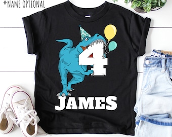 Dinosaur 4th Birthday Shirt, Custom Name T-Rex Party Tee