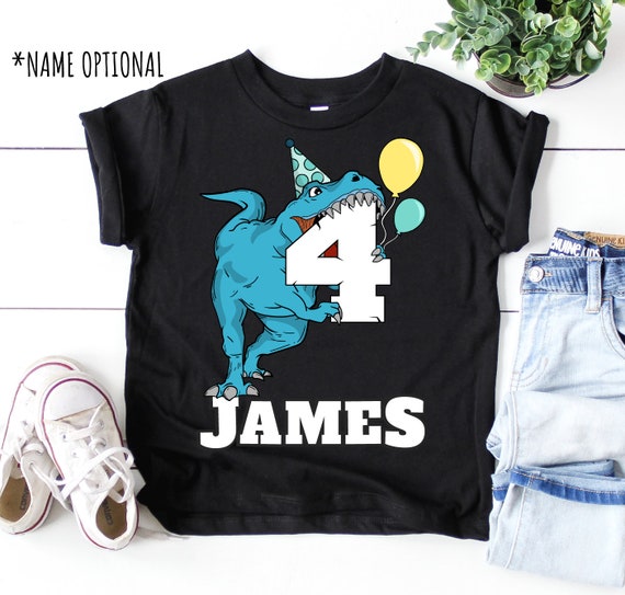 Dinosaur 4th Birthday Shirt, Custom Name T-Rex Party Tee