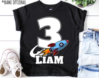Outer Space 3rd Birthday Boy Shirt for Kids, Rocket Three Birthday Boy 3 Year Old Tee, Solar System Theme Party, Personalized Birthday Gift