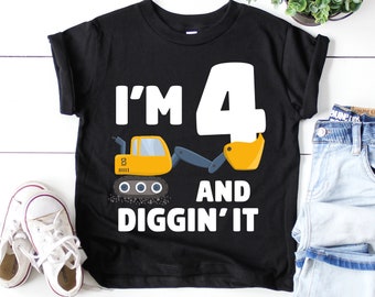 Construction Truck 4th Birthday Boy T-Shirt, Excavator Theme Party