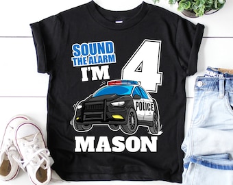 4th Birthday Police Car Shirt, Custom Name Toddler Tee