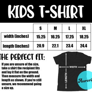 May include: Size chart for kids' t-shirts with measurements in inches. The chart shows the width and length of the shirts in sizes S, M, L, and XL. The text "THE PERFECT FIT" is below the chart, followed by instructions on how to measure a shirt for the best fit.