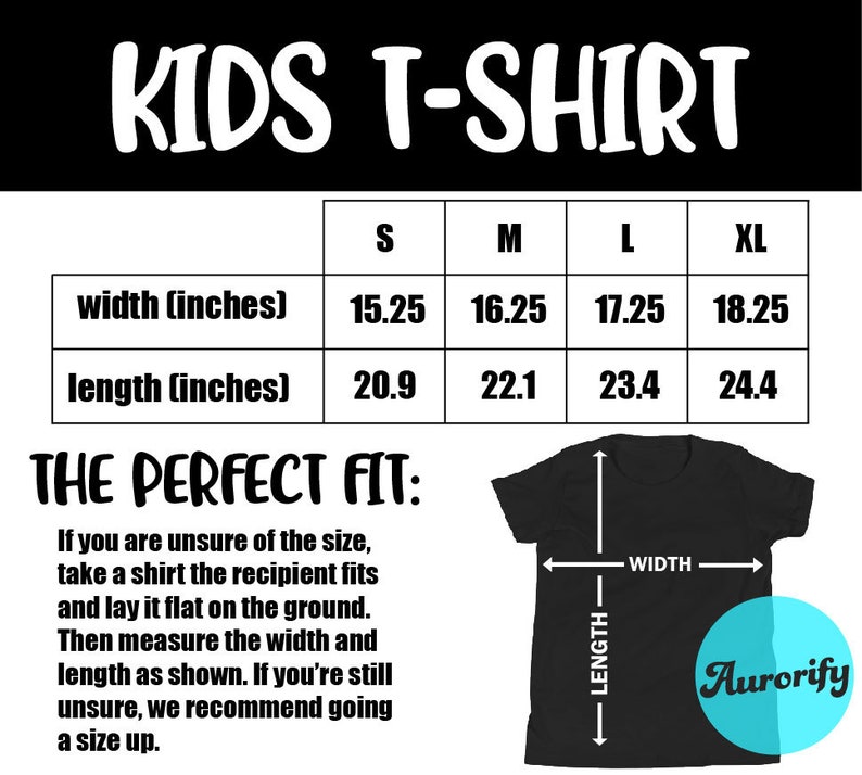 May include: Size chart for kids' t-shirts with measurements in inches. The chart shows the width and length of the shirts in sizes S, M, L, and XL. The text "THE PERFECT FIT" is below the chart, followed by instructions on how to measure a shirt for the best fit.
