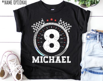 Race Car 8th Birthday Boy T-Shirt, Eighth Birthday 8 Year Old Custom Name Racing Flag Race Car Theme Party Shirt, Personalized Birthday Gift