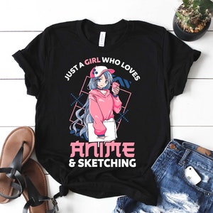Anime Shirt for Girls Women, Just A Girl Who Loves Anime and Sketching Bowl T-Shirt, Japanese Anime Lover Gift Kawaii Manga or Anime Cosplay