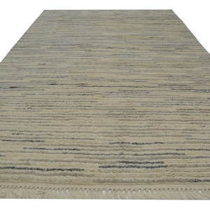May include: A beige and gray striped rug with a fringe border. The rug has a subtle texture and a contemporary design.