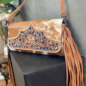 Bolso estilo western, monedero de piel, cartera con flecos, bolso pequeño de piel de vacuno, bandolera pequeña, regalo para ella, bolso MYRA, cartera bandolera, bolso de verano