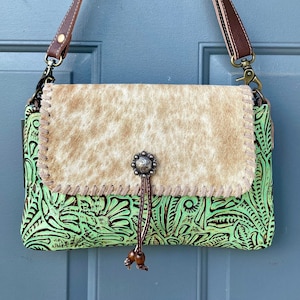 Bolso MYRA, Cartera de piel de vaca estilo western, Cuero trabajado a mano, Bandolera de piel verde, Cartera de piel de vaca, Regalo western, Bolso de mano verde