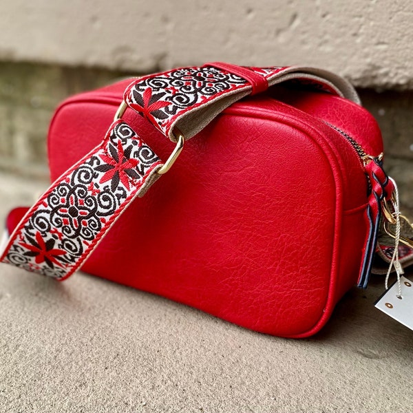 Red Sling Bag, Fanny Pack, Compact Purse, Guitar Strap crossbody, Red Purse, Hobo Bag, Free USPS Priority Shipping, Guitar Strap Bag