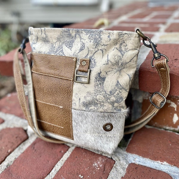 Womens Upcycled Canvas Tote, Floral Crossbody, MYRA Floral Print Shoulder Bag, Gray Hair on Hide Crossbody, Recycled Canvas Purse