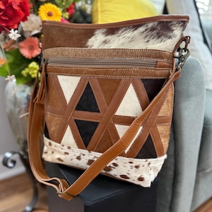 Bolso MYRA, Bolso de piel con patchwork, Bolso bandolera de piel de vacuno, Bolso estilo western, Bolso de piel con patchwork, Bolso tote estilo western, Bolso bandolera MYRA, Regalo para ella
