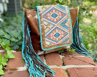 Backpack with Fringe, Cowhide Backpack, Leather Fringe Backpack, Western Purse with Turquoise Leather Fringe, Aztec Backpack, Western Bag