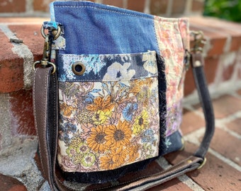 Womens Floral Patchwork Crossbody Bag, MYRA Bag, Upcycled Canvas Bag, Colorful Denim Tote, Patchwork Handbag, Eco-friendly, Gift for Her