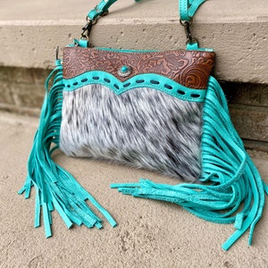 MYRA Cowhide Crossbody, Western Purse with Fringe, Blue Leather Fringe Handbag, Handmade Cowhide Bag