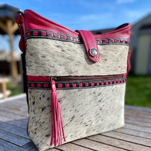 Pink Cowhide Purse, MYRA Cowhide Bag, Upcycled Canvas Crossbody, New MYRA Bag Design, Western Shoulder Bag, Unique and Handmade Tote Bag