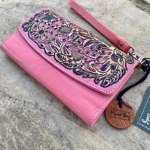 Cartera de cuero MYRA, Cartera rosa, Cartera de pulsera con flores rosas, Cartera de cuero hecha a mano, Cartera estilo western, Cartera o cartera convertible