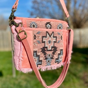 Pink Crossbody Bag, MYRA Western Bag, Upcycled Canvas Bag, Colorful Canvas Handbag, Crossbody or Shoulder Bag, Eco-friendly, Gift for Her