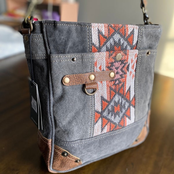 Upcycled Canvas Tote, Sarape Crossbody, MYRA Shoulder Bag, Medium size Purse for Women, Handbag with pockets, Leather and Canvas Bag