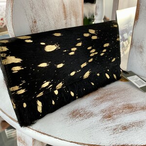 Cartera de cuero de vaca de oro metálico, cartera de bolso Myra, cartera de cuero de vaca de cuero genuino negro, cartera de brillo de oro, regalo para ella