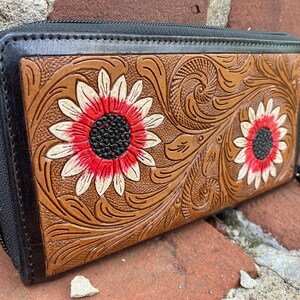 Cartera de girasol, cartera de mujer de cuero con herramientas a mano, embrague de mujer, cartera occidental, cartera de cuero floral, cartera superior con cremallera