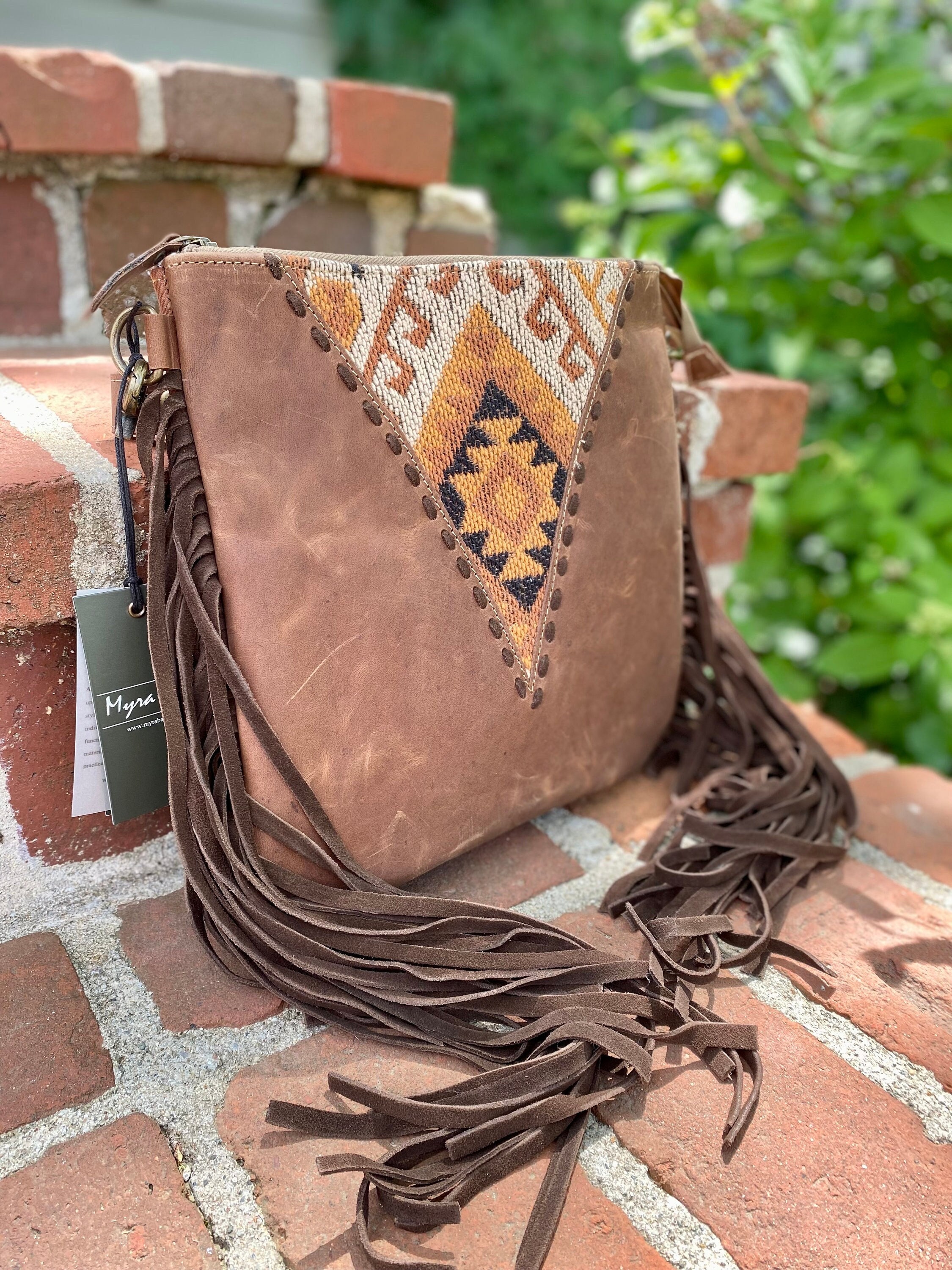 Western Leather Crossbody Bag With Leather Fringe Aztec 