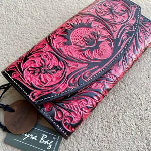 Western Wallet, MYRA Leather Wallet, Hand Tooled Leather Womans Wallet, Womens Clutch, Red Southwestern Wallet, Red Leather Wallet