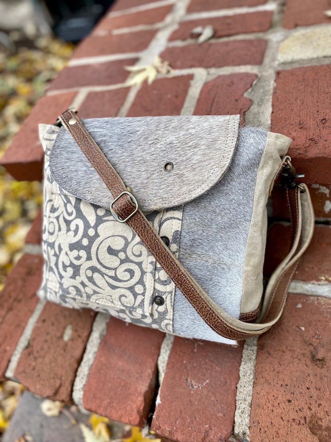 Floral Messenger Bag Upcycled Canvas Crossbody Myra Cowhide Etsy