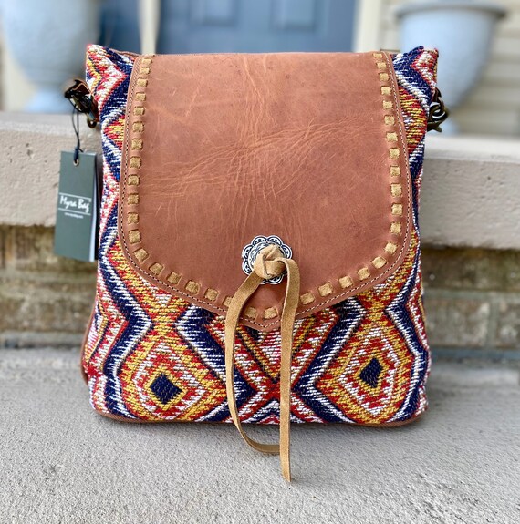 MYRA Crossbody Aztec Design Bag Upcycled Canvas Tote MYRA Leather Duffle Colorful Handbag Geometric Purse Diamond Design Shoulder Bag Etsy