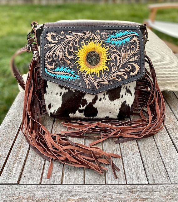 RAWHYD Crossbody Tooled Leather Purse, Western Handbag with Adjustable Strap,  Sunflower Purse for Women 