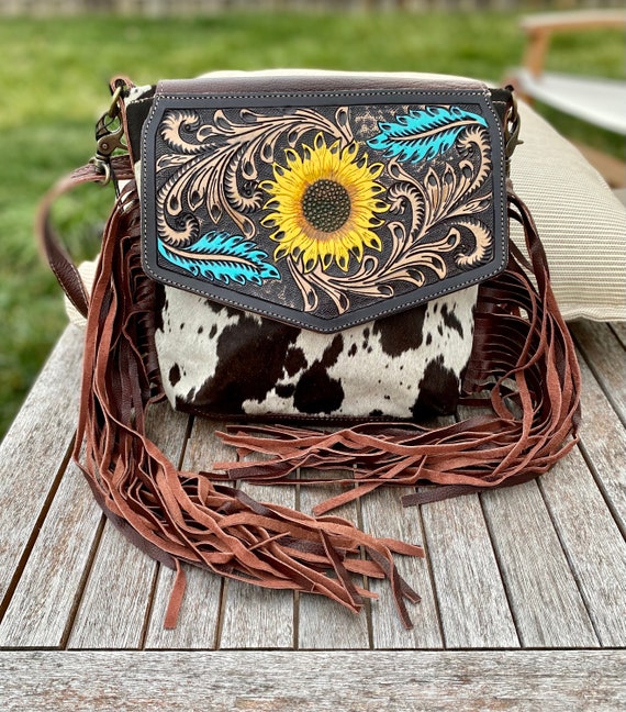 RAWHYD Crossbody Tooled Leather Purse, Western Handbag with Adjustable Strap,  Sunflower Purse for Women 