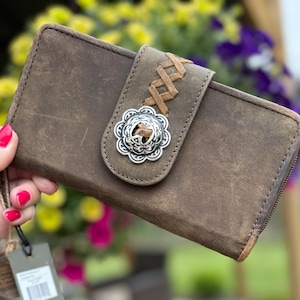 Cartera MYRA, Cartera de Cuero Desgastado, Cartera con Cremallera, Cartera de Cuero Concho Plateado, Cartera RFID, Cartera Western, Regalo para Ella