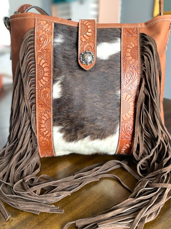 Western Handbag Leather Fringe Cowhide Bag Sunflower Crossbody MYRA Cowhide Bag Sunflower Purse Long Fringe Crossbody Cowgirl