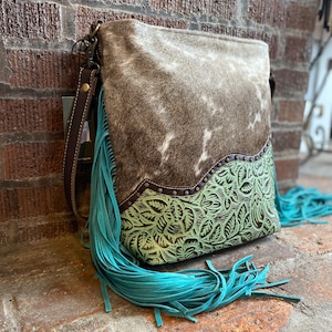 Handcrafted Genuine Leather Western Cowhide Women's Fringe Clutch Crossbody  Bag 